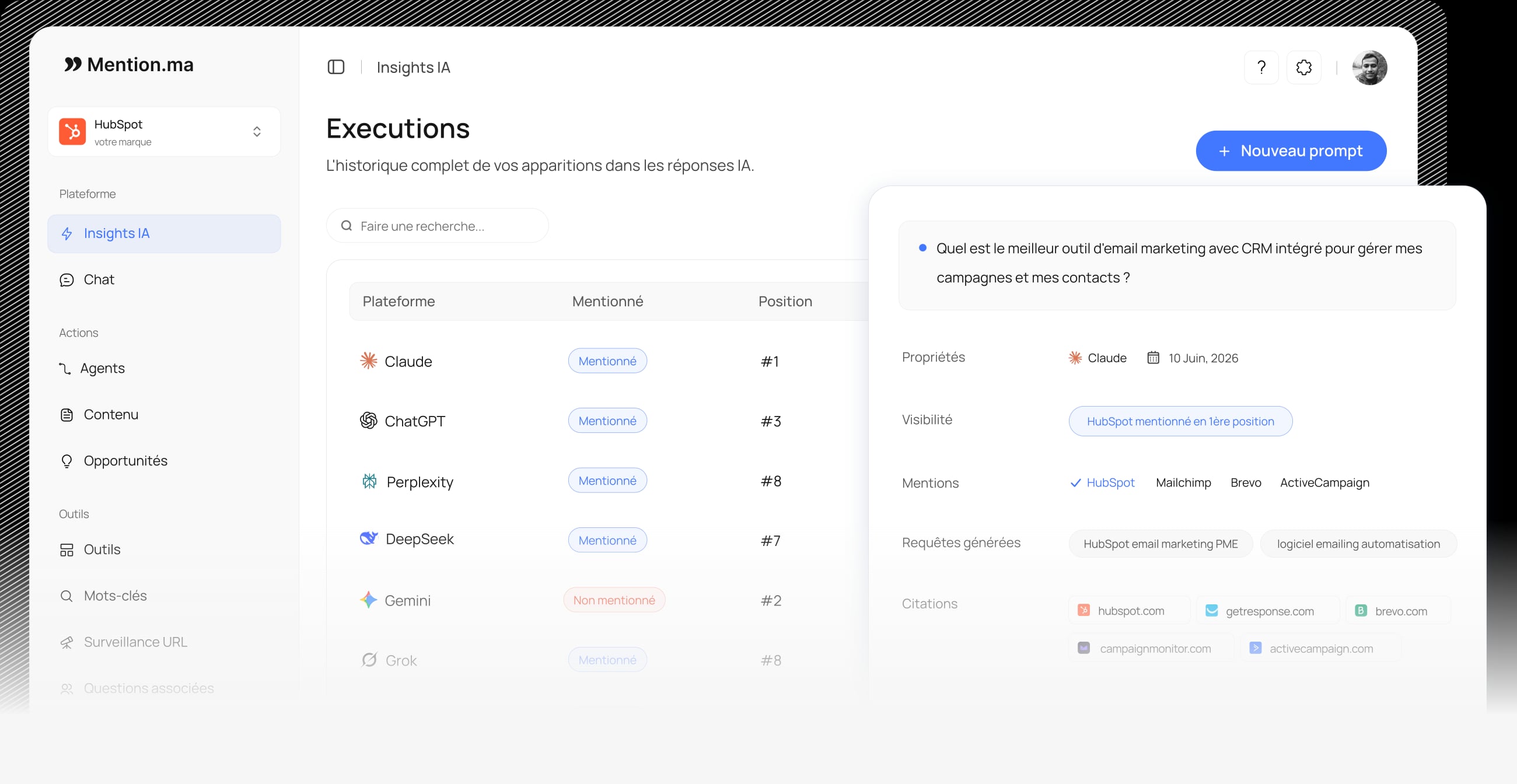 Aperçu des insights de visibilité IA sur mention.ma